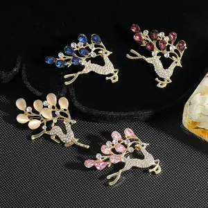 Fashion Zinc Alloy Deer Brooch Rhinestone Opal Water Drop Crystal Animal Brooch Pin For Women Christmas Coat Jewelry Gift