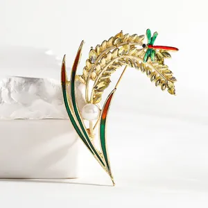Elegante Spilla Libellula Spiga di Grano Oro Con Zirconia Perla Artificial Smalto Intarsiato per Donna Cappotto Abito Gioielli Regalo
