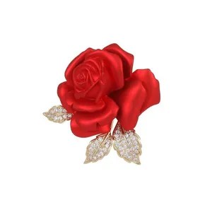Elegant vintage pink lotus brooch with matte red petals and crystal inlaid golden leaves