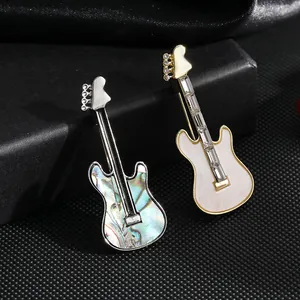 Vintage Zinc Alloy Electric Guitar Brooch With Abalone Shell Zircon Inlay Artistic Musical Instrument Accessory For Women Men
