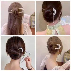 Vintage Elegant Alloy U-Shaped Hair Stick With Pearl Tassel Retro Wedding Party Hair Fork Jewelry For Women Gold Silver