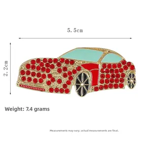 Detailed dimensions of a car brooch with red rhinestones and blue enamel finish