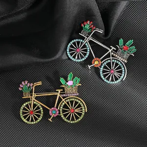 Vintage Bicycle Brooch Pin Zinc Alloy Enamel Floral Basket Rhinestone Lapel Pin For Men Women Fashion Jewelry Gift