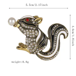 Detail of squirrel brooch with white rhinestones, pearl, and black enamel stripes