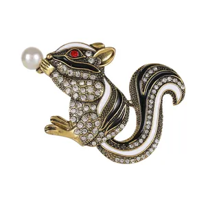 Vintage squirrel brooch with enamel stripes, rhinestones and a white pearl accent