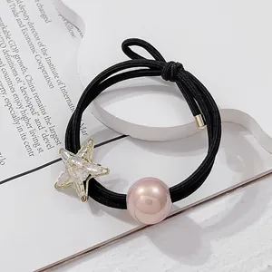 Black high-elastic hair tie with sparkling zircon starfish and pearl bead charm