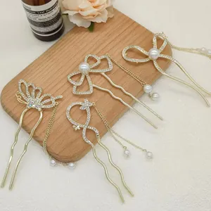 Gold Legierung Schleife Schmetterling Haargabel Mit Strass Künstliche Perle Quaste Elegante U-förmige Haarstab Für Damen Hochzeit Schmuck