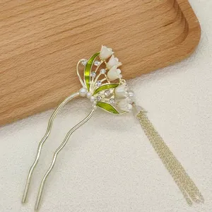 Palillo para el Cabello Retro Lirio de los Valles Forma U Con Borla Larga Oro Aleación Strass Perla Artificial para Hanfu Mujer Joyas