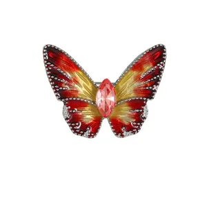 Exquisite butterfly brooch with red yellow enamel wings and silver alloy finish