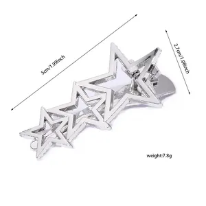 Detail view of silver hollow star hair clip with specific dimensions 5cm length and 7.8g weight