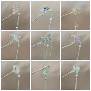 Detailed grid showing nine traditional Chinese hair sticks with tassels and butterfly motifs