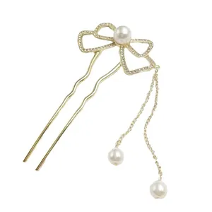 Eleganter goldener U-Haarnadel mit Strass-Schleife und hängenden Perlenquasten