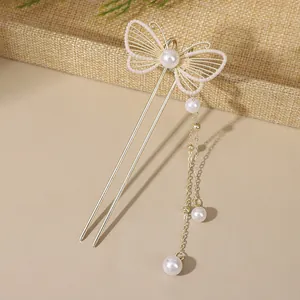 Elegant gold butterfly hair fork with pearls and tassels for Chinese bun hairstyles