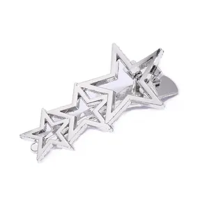 Silver hollow triple star metal hair clip for women with a sleek polished finish