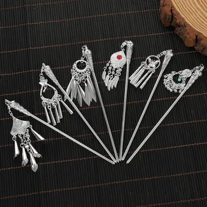 Antique silver hair stick set with traditional tassels and bells for Chinese Hanfu styling