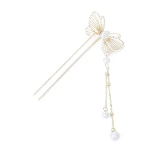 Golden butterfly hair fork with pearls and tassels for Chinese bun hairstyles