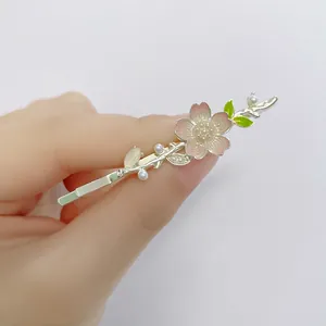 Sweet Pink Cherry Blossom Hair Clip With Imitation Artificial Pearl Enamel Flower Bobby Pin Zinc Alloy Floral Hair Jewelry For Women