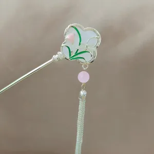 Silver vintage hair pin with pink flower design and elegant long hanging tassels