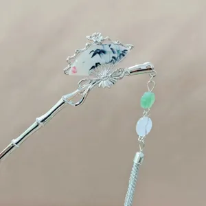 Elegant silver bamboo hair stick with ink painting fan pendant and bead tassels