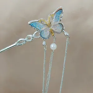 Ancient style butterfly hair pin with blue tassels and pearl for hanfu styling