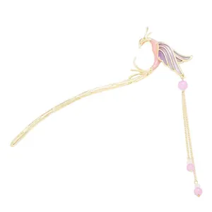 Elegant gold phoenix hair stick with purple enamel and long pink beaded tassels