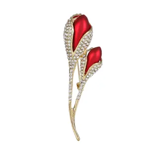 Broche fleur de tulipe rouge élégante avec strass brillants et alliage plaqué or