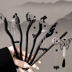 Palillo para el Pelo de Madera de Ébano Vintage Chino Con Borla Aleación Mariposa Flor Horquilla Mujer Accesorios Hanfu Qipao