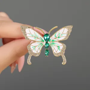 Eleganter Legierung Schmetterling Brosche Mit Emaille Flügeln Grünen Künstlichen Edelsteinen Weißen Strass Dekor Pin Schmuck Geschenk