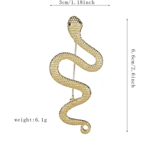 Detailed view of gold snake brooch with scale texture and precise size measurements