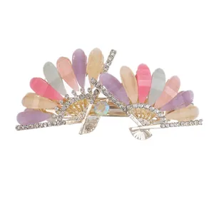 Colorful fan-shaped hair claw clip with gradient petals and sparkling rhinestones