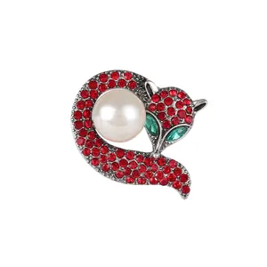 Elegant silver fox brooch with red rhinestones, green gem eyes and a large white pearl