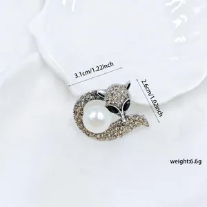 Close-up of fox brooch with rhinestones and white pearl on a shell tray, 3.1x2.6cm