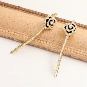 Elegant Camellia Flower Hair Clip For Women French Vintage Alloy Faux Artificial Pearl Hairpin Gold Black Side Slide Hair Accessories