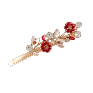 Fermaglio per capelli a fiori in lega con smalto rosso e cristalli brillanti