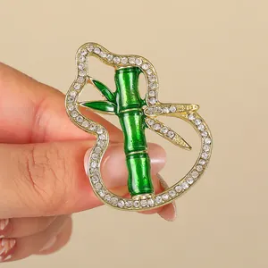 Vintage Chinese Style Bamboo Gourd Brooch Pin For Women Alloy Rhinestone Inlaid Gourd Shape Clothing Accessory Jewelry Gift