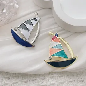 Creative enamel sailing boat brooches with silver and gold frames and sparkling rhinestones