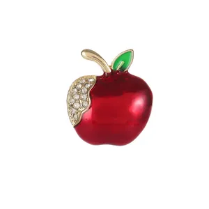 Sparkling red apple brooch with crystal rhinestones and gold stem for suits and hats