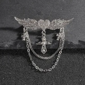 Broche Gothique Rétro Argent Ailes d'Ange Cœur Avec Pendentif Croix Strass Chaîne Multicouche Frange Pour Femme Homme Bijoux