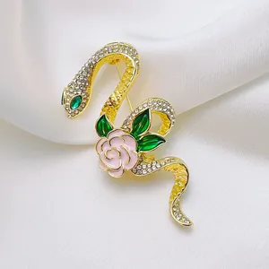Broche de Rosa y Serpiente de Aleación de Zinc Vintage Para Mujer Broche de Esmalte de Diamantes de Imitación de Lujo Joyería de Traje Elegante