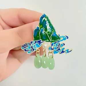 Vintage Chinese Style Enamel Landscape Brooch With Faux Artificial Pearl And Green Water Drop Beads Alloy Pin For Women Qipao Dress Accessory