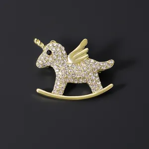 Korean Style Cute Unicorn Rocking Horse Brooch Pin With Rhinestone Alloy Animal Lapel Pin For Women Girls Accessories