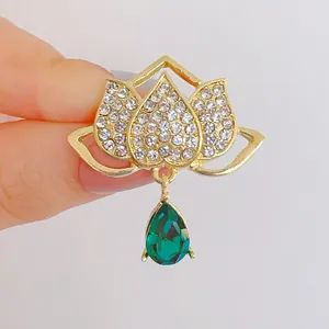Elegant Lotus Flower Brooch Pin For Women Vintage Chinese Style Zinc Alloy Rhinestone Pin With Waterdrop Crystal Pendant Jewelry