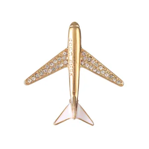 Exquisite gold airplane brooch with crystal rhinestones and Good Luck engraving