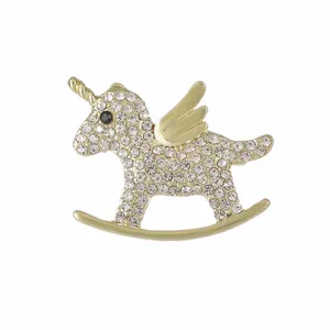 Gold unicorn rocking horse brooch with sparkling rhinestones for jackets and accessories