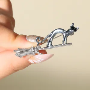 Vintage Zinc Alloy Cat On Broomstick Brooch Pin With Blue Enamel Rhinestone Magic Witch Jewelry Halloween Gift For Women