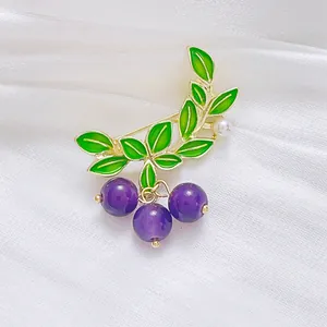 Fashion Elegant Zinc Alloy Blueberry Fruit Brooch Pin With Green Enamel Leaves Purple Beads Pearl Corsage Jewelry For Women