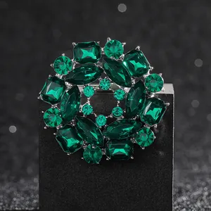 Luxury multi-layer emerald green rhinestone brooch with crystal glass and silver alloy