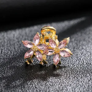 Pince à cheveux fleur en cristal rose et alliage doré pour accessoire de mode féminin