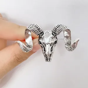 Vintage Gothic Ram Head Skull Brooch Pin Zinc Alloy Antique Silver Black Animal Ram Horn Lapel Pin For Men Women Jewelry