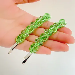 Elegant Green Artificial Crystal Beaded Hair Clip For Women Handmade Zinc Alloy Side Clip Vintage Aesthetic Hair Accessory